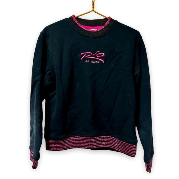 Vintage 90s Rio Las Vegas Hotel Casino Sweatshirt Black Pink Glitter Size Medium - Picture 1 of 11
